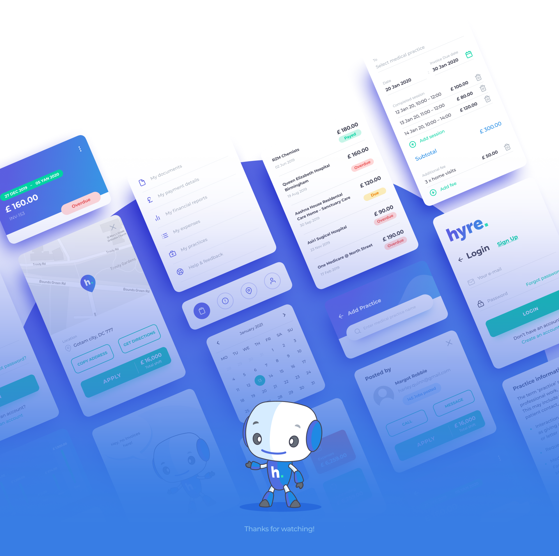 Hyre mobile screenshots and brand mascot
