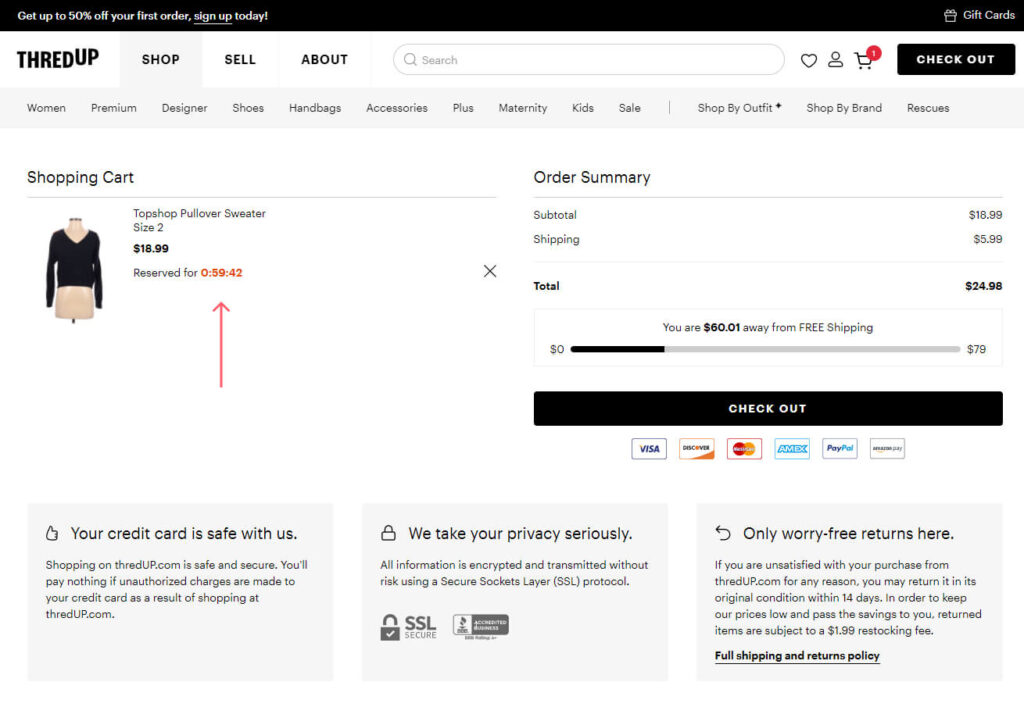 Thred Up cart urgency example