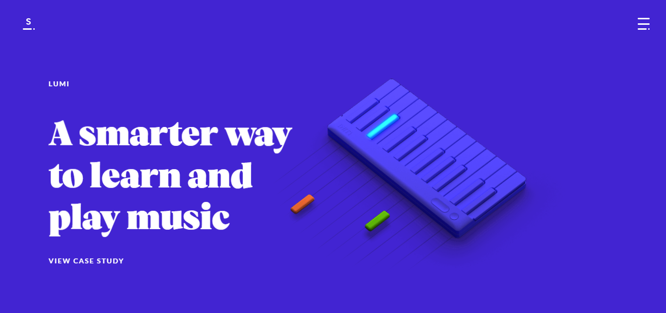 Website screenshot on blue background with 3D element