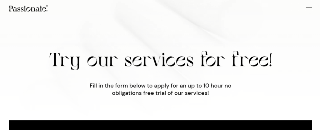 Passionate agency, free trial page screenshot