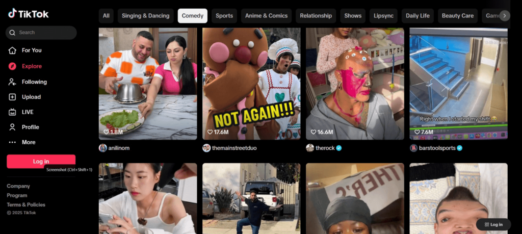 Tiktok's web interface